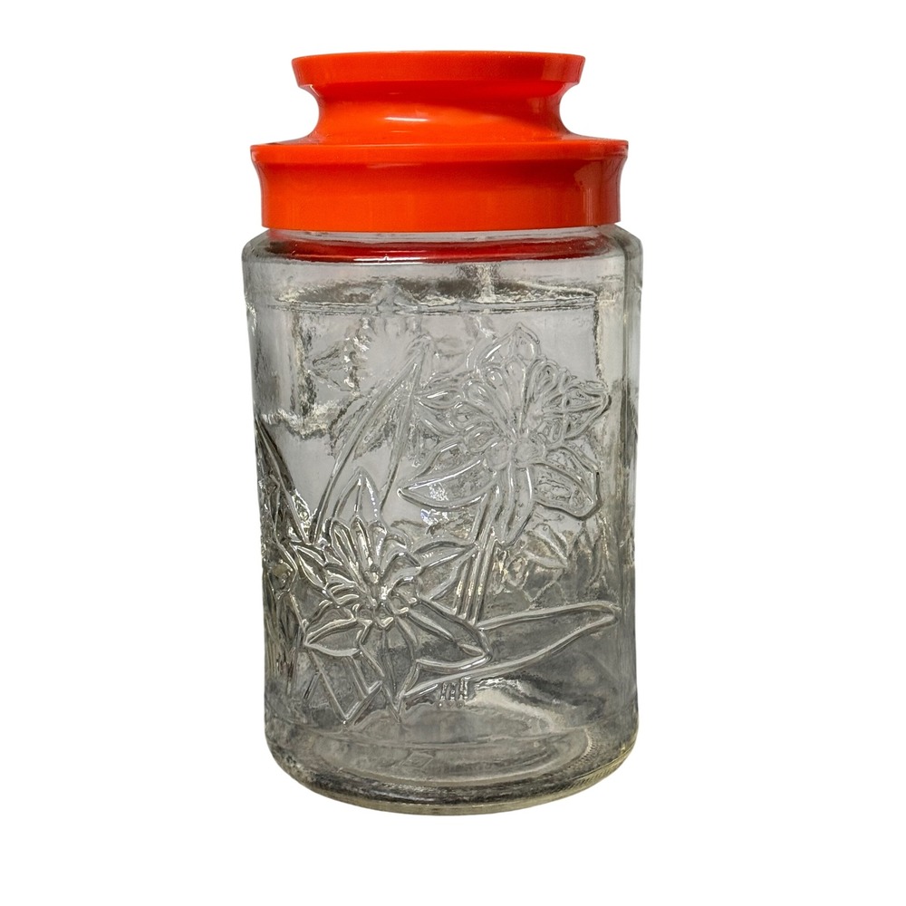 Vintage Anchor Hocking Daffodils Glass Jar with Orange Lid Retro Kitchen Storage